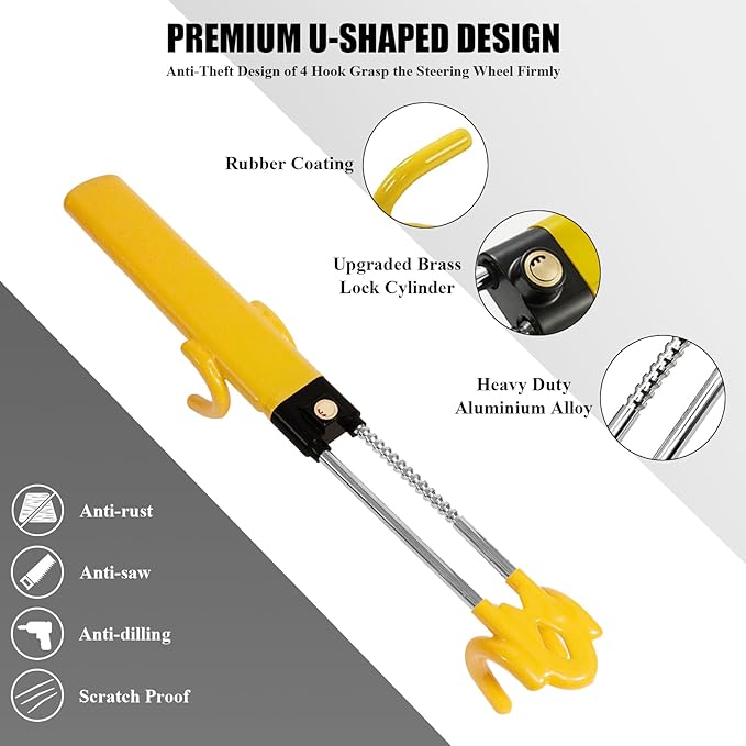 Steering Wheel Lock for Cars, Heavy Duty Security Anti-Theft Device, Adjustable Anti Theft Car Lock with Double Hooks Universal for Vehicle Truck with 2 Keys