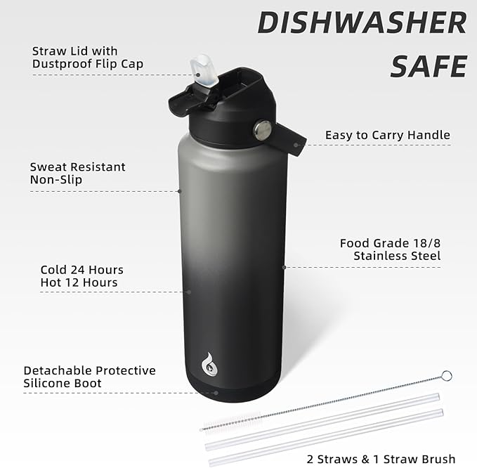 BJPKPK Insulated Water Bottle with Straw Lid, 40oz Large Thermo, BPA Free Leak Proof Stainless Steel Metal Water Bottles, Tumblers, Cups, Flasks for Travel, Sports,Black Grey