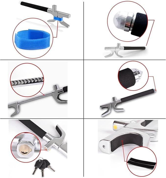 Tevlaphee Steering Wheel Lock for Cars,Wheel Lock,Vehicle Anti-Theft Lock,Adjustable Length Clamp Double Hook Universal Fit Emergency Hammer Window Breaker Self Defense Heavy Duty Secure