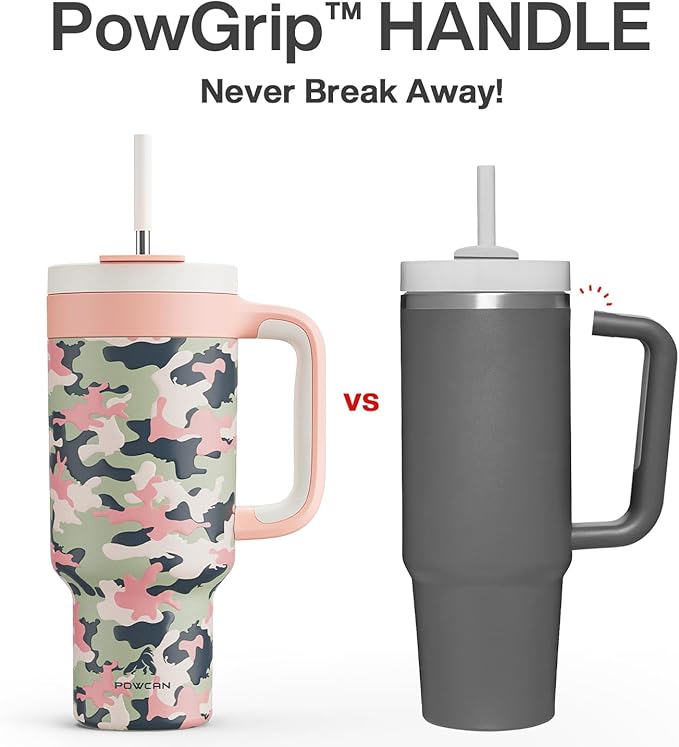 40 oz Camo Tumbler with Handle, 2-in-1 Straw and Sip Lid, Leakproof, Dishwasher Safe, Insulated Stainless Steel Travel Coffee Mug, Keeps Cold for 34 Hours, Fits in Car Cup Holder (Rose Dappled)