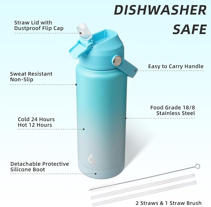 BJPKPK Water Bottle with Straw Lid, 24oz Vacuum Insulated Water Bottles, Metal Stainless Steel Thermo for Sports, Travel, BPA Free Leak Proof Thermo, Cups, Flasks, Tumblers,Sea Salt