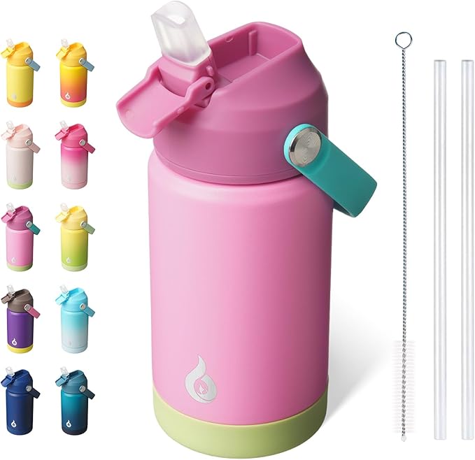 BJPKPK Insulated Water Bottle with Straw Lid, 12oz Thermo Water Bottles, Flex Handle & Non-slip Boot, BPA Free Leak Proof Stainless Steel Metal Thermo, Tumblers, Cups,Rose Pink