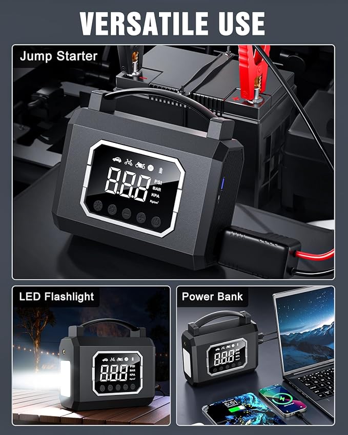 Tire Inflator Portable Air Compressor, 160PSI & 26800mAh 4X Fast Inflation, 65W Fast Charge, Car Battery Jump Starter,4 Modes Flashlight, Air Pump with Digital Pressure Gauge for Car, Bike, Motorcycle