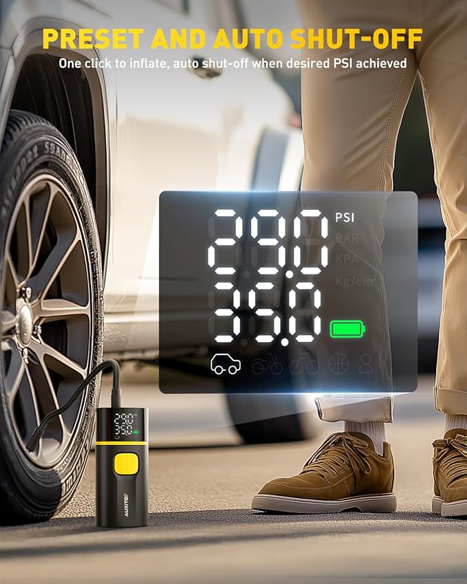 AUXITO A502 Tire Inflator Portable Air Compressor - 150PSI Dual Cylinder 7800 mAh & 12V DC, Bike Pump Air Pump for Car, Truck, Bike, Motorcycle with Digital Tire Pressure Gauge & LED Light