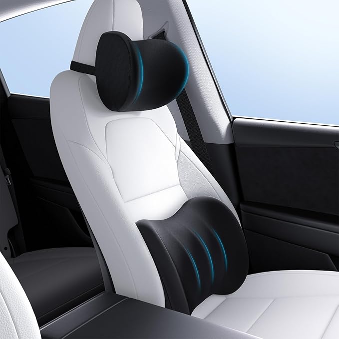 Wigoo 2025 Car Neck Pillow and Lumbar Support Pillow for Car Kit [Ergonomic Design, Pressure Relief] Soft Car Headrest Pillow Back Cushion with Adjustable Strap, Fits All Vehicles (Black)