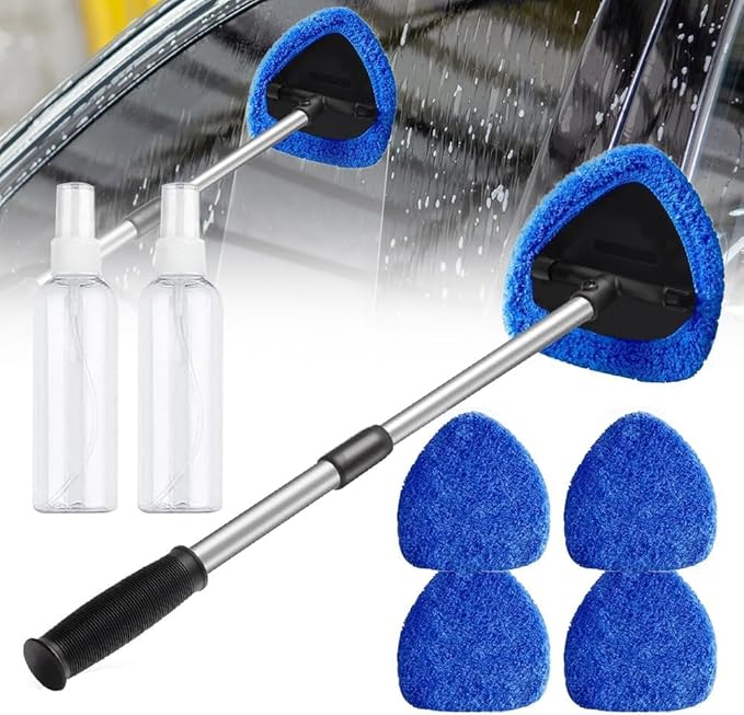 Car Windshield Cleaning Tool Set, Interior Exterior Auto Glass Cleaner Kit with Extendable Handle and 4 Reusable Microfiber Pads for Cars Trucks and Home (Blue)