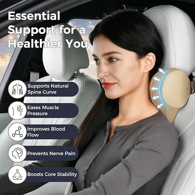 Coverado Car Headrest Pillow, Ergonomic Memory Foam Car Neck Pillow for Driving Seat with Adjustable Strap, Soft PU Leather Breathable Removable Cover Neck Support for Neck Pain Relief - Beige