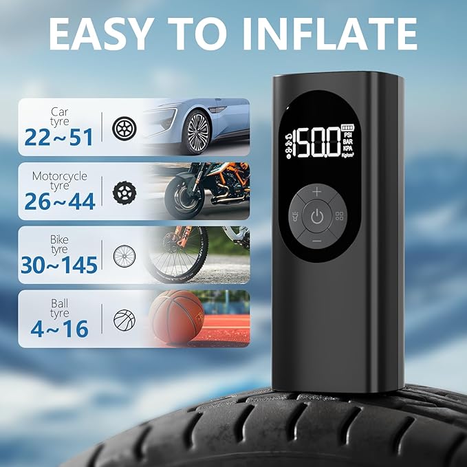 Tire Inflator Portable Air Compressor 150PSI Air Pump for Car Tires with Digital Pressure Gauge, Led Light, Auto Shut-Off, Portable Pump for Auto, Motorcycle, Bike, Balls and More