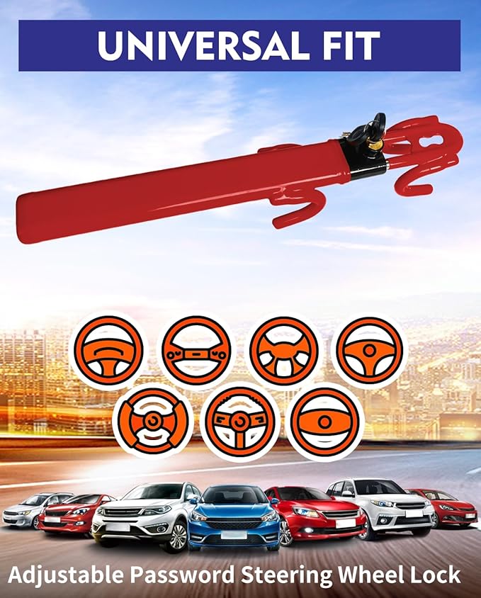 Dodomes Steering Wheel Lock Anti-Theft Heavy Duty Secure Car Device, Adjustable Length Clamp Double Hook Locks Universal Fit (Red)