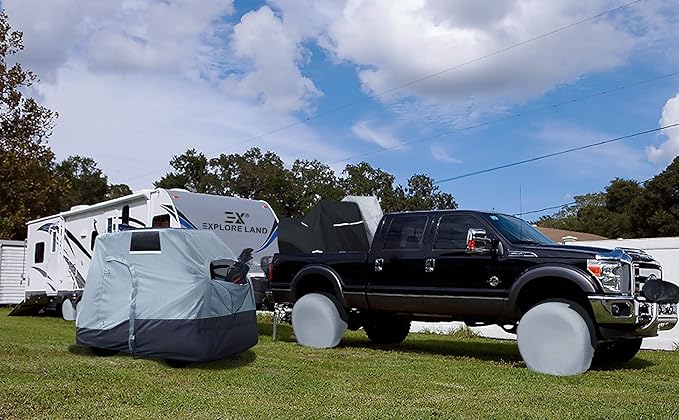 Explore Land Tire Covers 4 Pack - Tough Wheel Protector for Truck, SUV, Trailer, Camper, RV Universal Fits Tire Diameters 21 inches, Charcoal