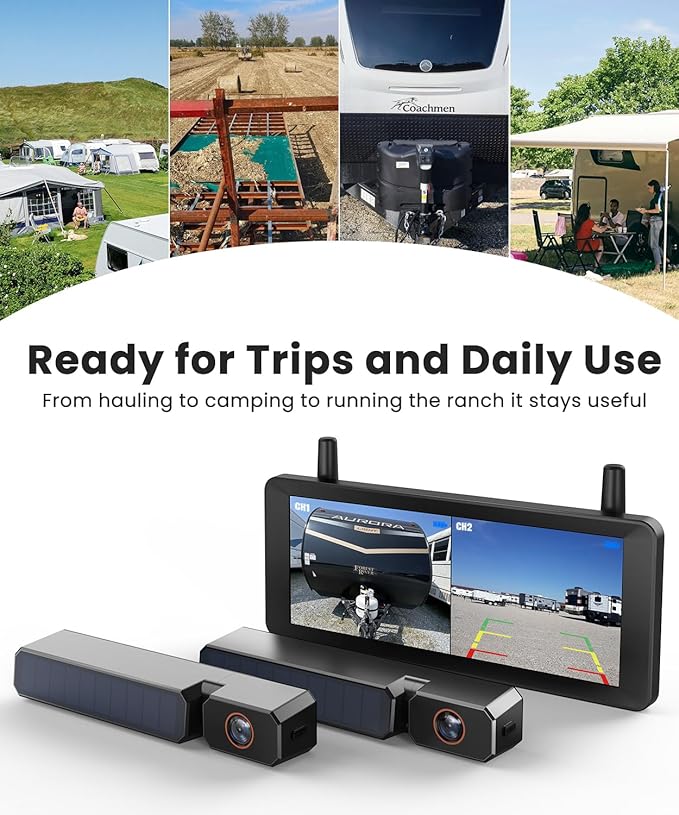 Solar Wireless Backup Camera 2-Cam System: 2-Min Install, 7.2" 1080P HD Split-Screen Monitor with Dual Antennas for Strong Signal, IP69K Waterproof Rear View Camera for Truck, RV, Camper, Trailer