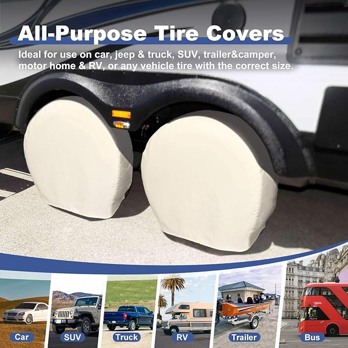 Explore Land Tire Covers 4 Pack - Tough Wheel Protector for Truck, SUV, Trailer, Camper, RV Universal Fits Tire Diameters 23-25.75 inches, White