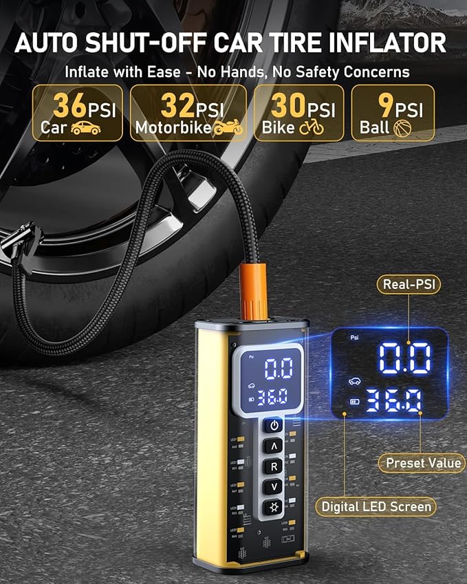 Tire Inflator Portable Air Compressor, 150 PSI Air Compressor for Car Tires, Portable Tire Inflator for Car with Pressure Gauge, Tire Pump for Cars, Bike, Motorcycle, Ball