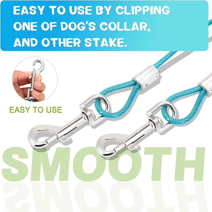 Supet Dog Tie Out Cable and Stake, Heavy Duty Runner with 32/16/10 FT Lead, Long Leash/Tether for Camping Backyard Outdoor Ground, Chain for Medium Large Dogs up to 125lbs (10FT)