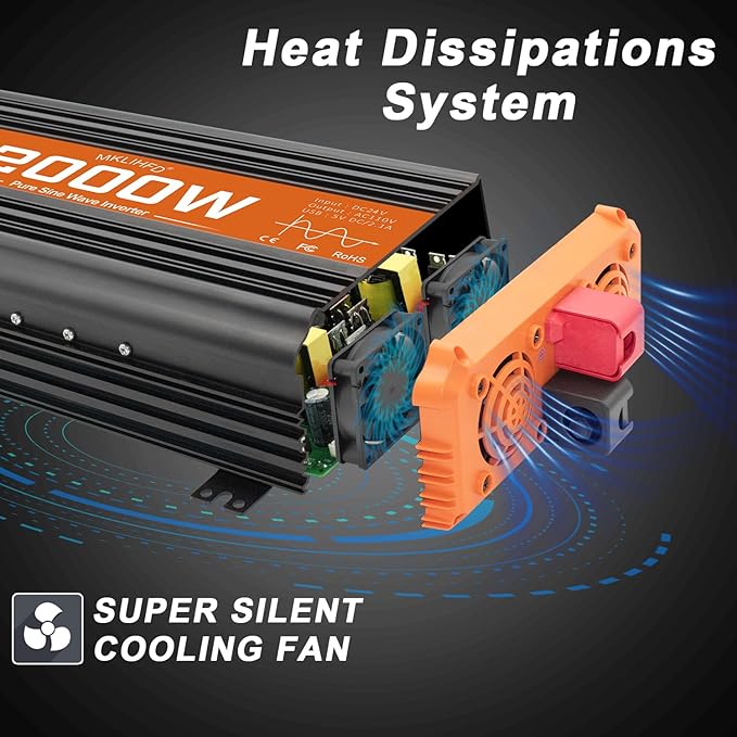 2000 watt Pure sine Wave car Inverter 24V DC to 120V AC, 4000W Surge Peak Power, Inverter for RV, Truck, Solar, Campers with 2 AC Outlet,Remote Control Compatible with Lithium Battery