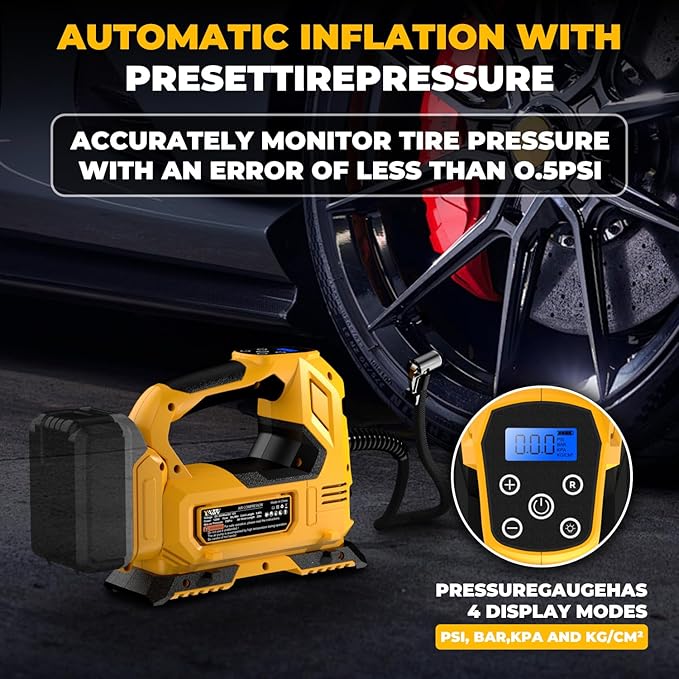 Cordless Tire Inflator Air Compressor for Dewalt 20V Max Battery, 160PSI Portable LED Light Handheld Air Pump with Digital Pressure Gauge for Cars Motorcycles Bikes Sport Balls(Battery Not Included)