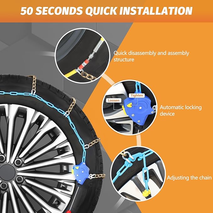 DEDC Auto Lock Snow Tire Chains,50s Quick Easy,Enhanced Manganese Steel Alloy,Endurance Life 650 Mi for Car SUV and Pickup Truck 245 255 265 275 295 315 Set of 2 (LS1619)