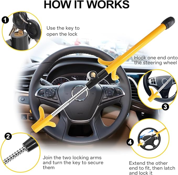 Steering Wheel Lock Anti-Theft Device – Heavy Duty Double Hook, Adjustable Clamp Fits 5”-15” Wheels, Universal Car Security Lock with 3 Unique Keys – Yellow