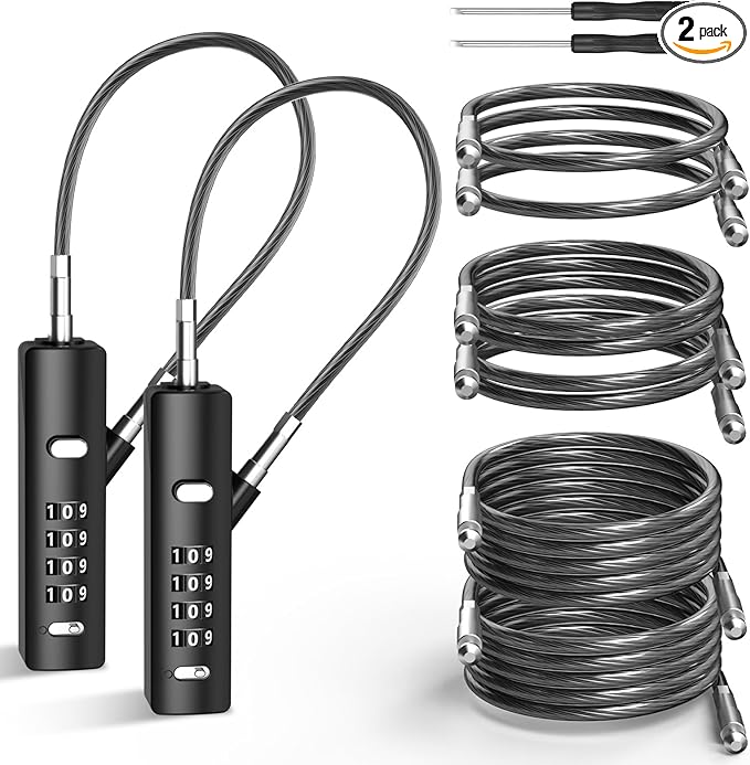 4-Digit Combination Cable Lock with 3 Steel Cables (9"/24"/47") - Secure Reset Only with Current Code - for Bike, Luggage, Gate, Shed, Cabinet - Black, 2 Pack