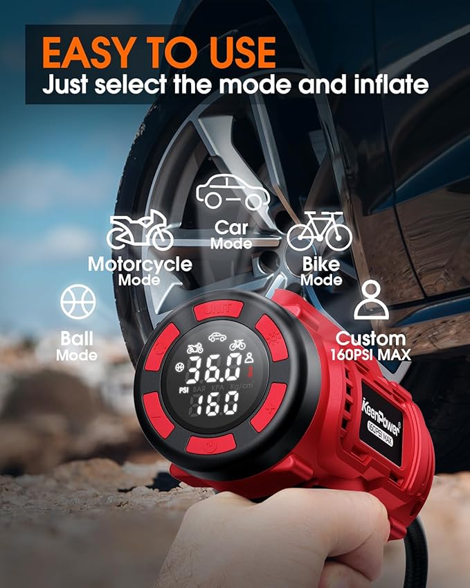 KeenPower Cordless Tire Inflator Portable Air Compressor, 160PSI Car Tire Air Pump, 21V Rechargeable Battery Powered Air Compressor, Dual Power, Larger HD Digital Gauge w/4+N Smart Modes (Red)