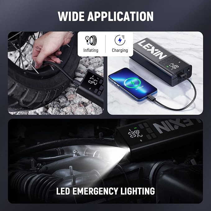 LEXIN P5 Tire Inflator Portable Air Compressor, 150PSI Electric Air Pump for Car Tires, w/Pressure Gauge&LED Light, 5000mAh Cordless Smart Pump for Car/Motorcycle/Bike/Bicycle/Scooter/Ball, Alloy