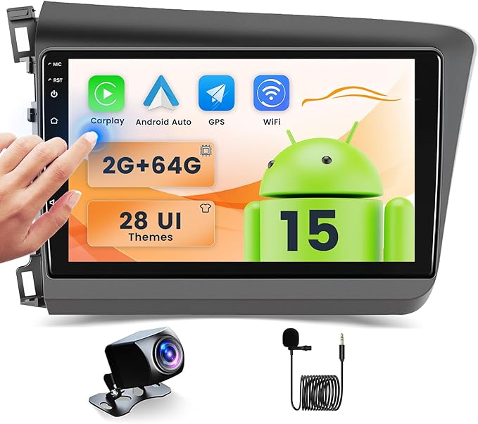 2+64GB Android Car Stereo for Honda Civic 2012-2015 Wireless Carplay Android Auto, 9 Inch Touchscreen Car Radio GPS Navi WiFi Bluetooth Backup Camera FM RDS Radio EQ SWC