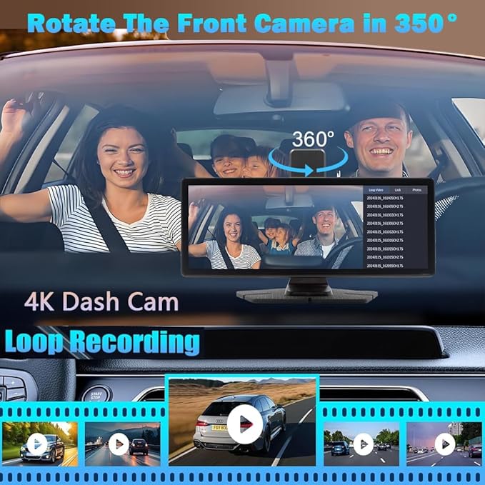 Wireless Carplay Screen for Car 10.26" 4K 360 Rotation Dash Cam Carplay&Android Auto Car Stereo 1080p Backup Camera GPS Navigation/Mirror Link/Voice Control/Siri/FM Satellite Radio Receiver