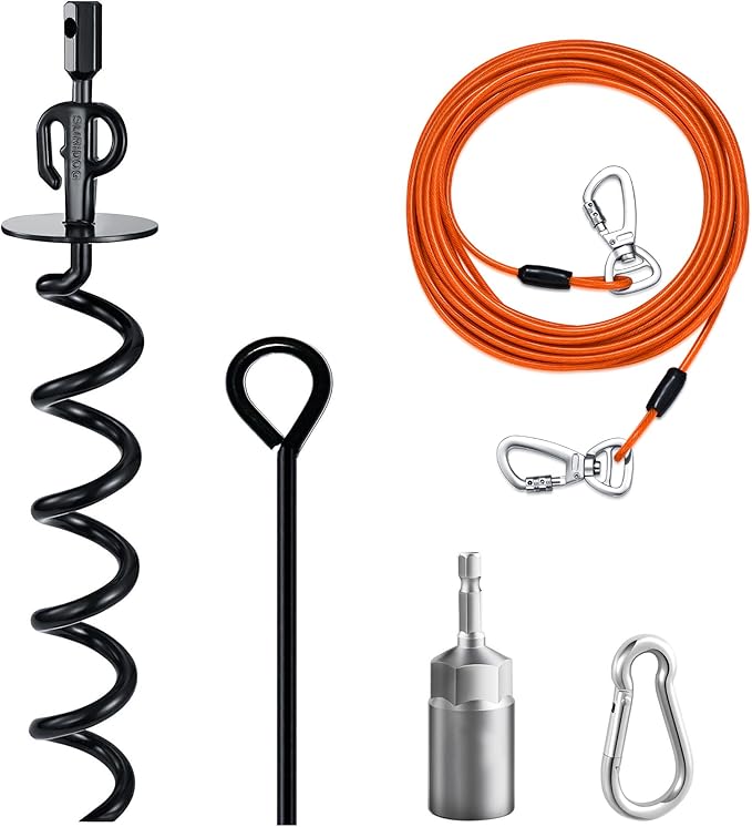 15" Heavy Duty Steel Dog Stake - 9mm Solid Anchor for Dogs Up to 120 lbs - 30FT Orange Tether-Yard, Camping, Outdoor Use (Black, 30ft Cable and Stake)