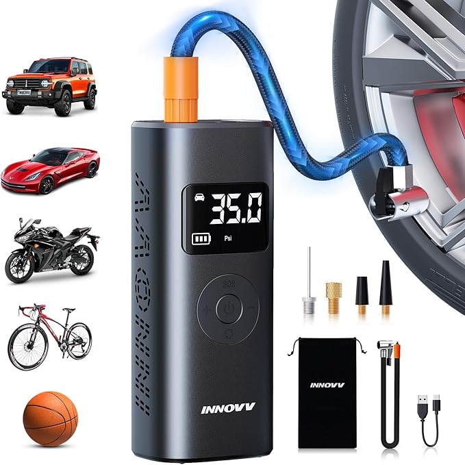 INNOVV P1 Aluminum Tire Inflator Portable Air Compressor, 3X Faster 150PSI Cordless Car Air Pump with Auto-Shutoff, Motorcycle Pumps with Tire Pressure Gauge, Electirc Tire Pump for Car, Bike, Ball