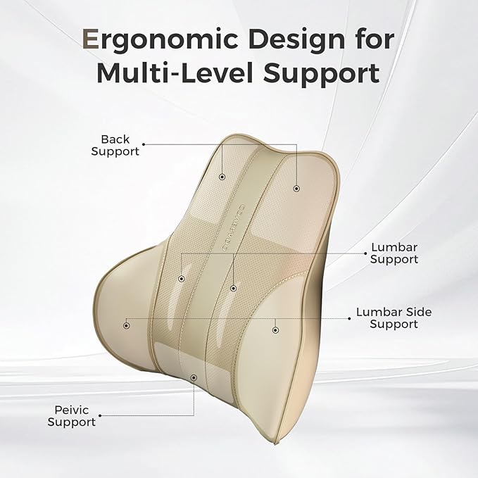 Coverado Lumbar Support Pillow for Car, Ergonomic Memory Foam Back Pillow for Office Chair, Back Cushion for Back Pain Relief, PU Leather Car Lumbar Support for Driving Seat - Beige