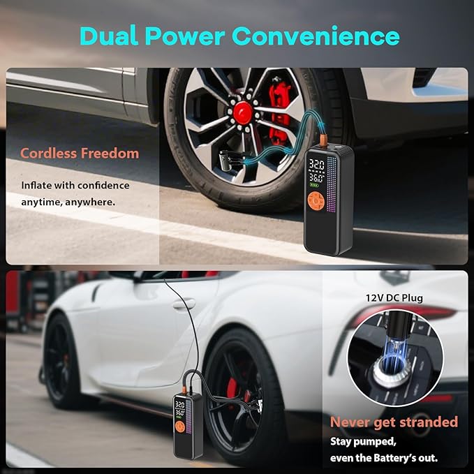 Portable Tire Inflator Air Compressor, 150 PSI Cordless Air Pump, 6000mAh Battery & 12V Car Outlet, Digital Pressure Gauge, Auto Shut-Off, Fast 24L/Min, LED Light, 4 Preset Modes for Car, Bike, Balls