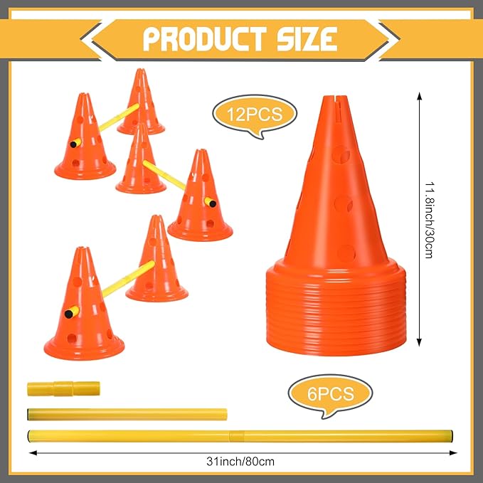 Dog Agility Hurdle Cone Set Dog Agility Course Backyard Set with Height Adjustable Include 12 Cones 6 Rods Training Equipment for Pet Obstacle Course Outdoor Games(Orange, Yellow)