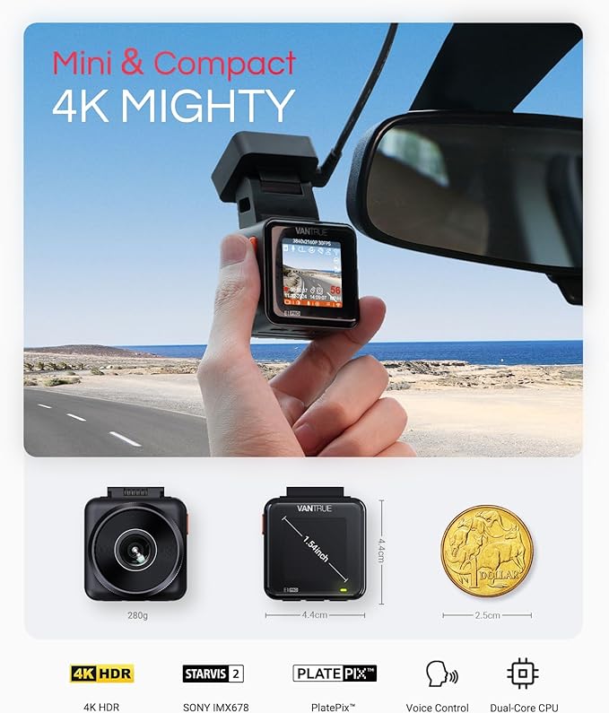 Vantrue E1 Pro 4K Mini Dash Cam Front, STARVIS 2 PlatePix HDR Night Vision Car Camera, Built-in 5G WiFi GPS, 1.54'' IPS Screen, Voice Control, 24/7 Buffered Parking Mode, Support 1TB Max