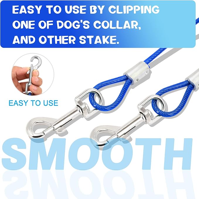 Supet Dog Tie Out Cable and Stake for Yard and Camping, Heavy Duty Stakes and Lead for Large Dogs up to 125lbs, Dog Scew and Tether for Outside (10FT)