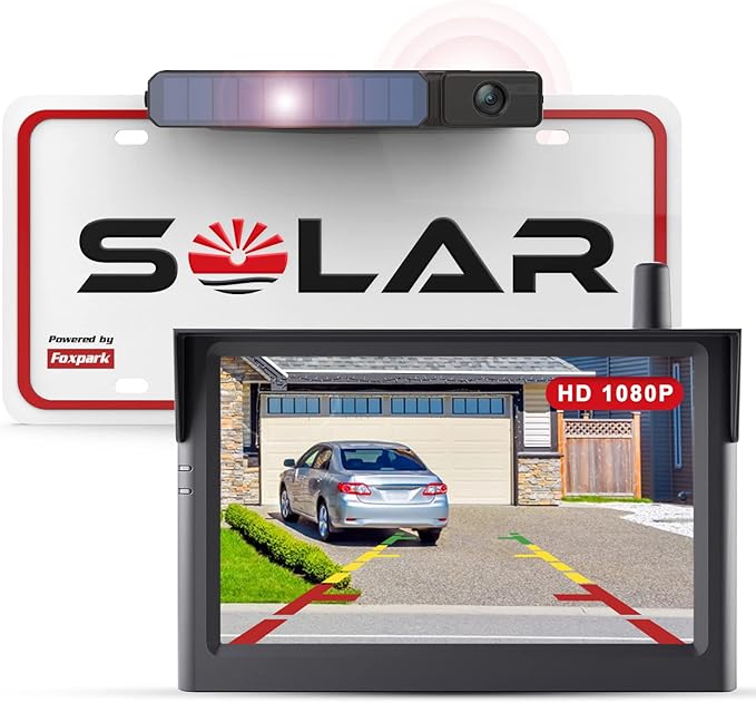 Solar Wireless Backup Camera, 1080P 5'' Monitor Back Up Camera Systems Wireless, 3 Mins DIY Installation, Reverse Camera for Car, Truck, Van, RV
