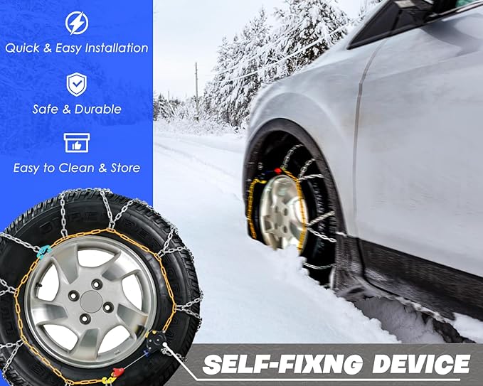Snow-Chains Auto Fixing 1 Min Quick Fit Easy Installation Tire-Chains, Portable Reusable Universal Emergency Tire Traction Chain for Passenger Car, Pickup Trucks and SUV - Set of 2 (HKN-140)