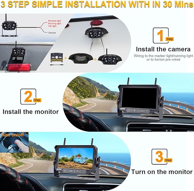 AMTIFO Wireless RV Backup Camera System - 2 HD 1080P Cameras with 7" Split-Screen Monitor,Compatible with Furrion Pre-Wired RVs,Loop Recording,Night Vision,Easy Install for Trailers Campers Trucks