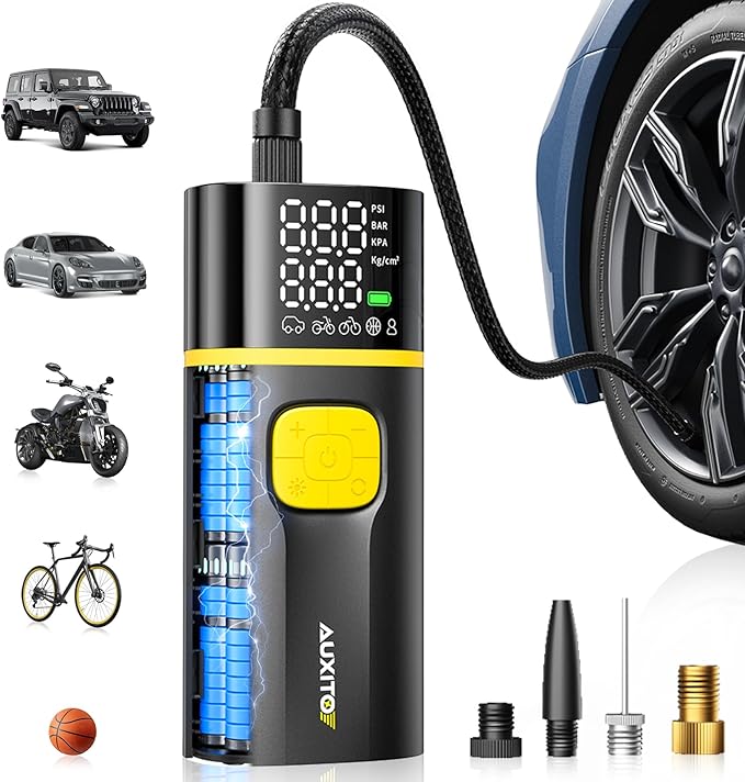 AUXITO A502 Tire Inflator Portable Air Compressor - 150PSI Dual Cylinder 7800 mAh & 12V DC, Bike Pump Air Pump for Car, Truck, Bike, Motorcycle with Digital Tire Pressure Gauge & LED Light