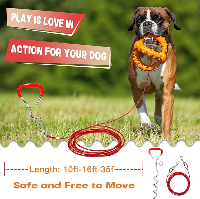 Supet Dog Tie Out Cable and Stake 32/16/10 ft Outdoor, Yard and Camping, for Medium to Large Dogs Up to 125 lbs, 16" Stake, 32/16/10 ft Cable with Durable Spring and Metal Hooks for Outdoor