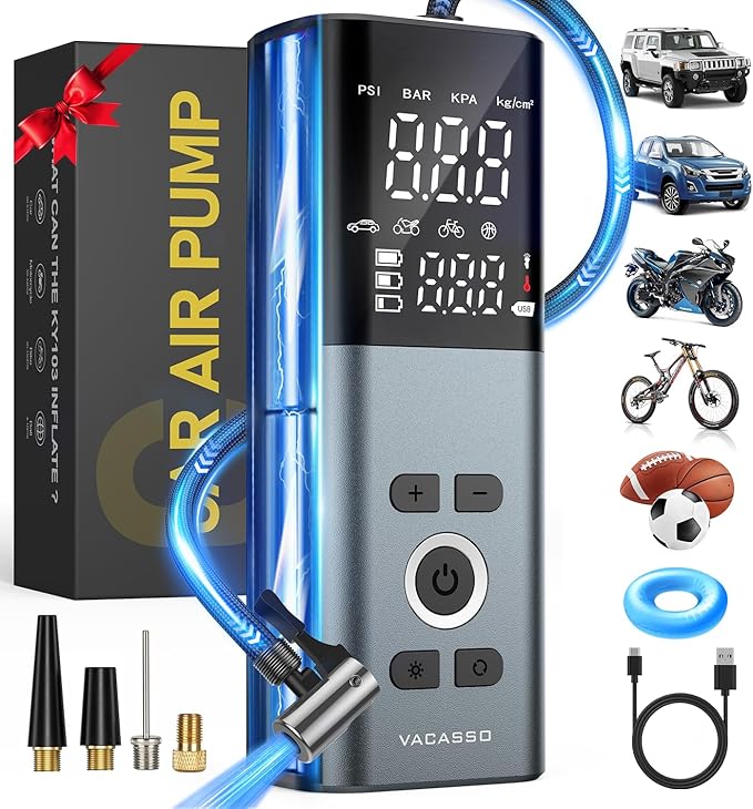 Tire Inflator Portable Air Compressor, 150PSI Air Pump For Car Tires with Accurate Tire Pressure Gauge, Cordless Air Compressor for Car, Motorcycle, Bike, Balls and More, Smart Autostop