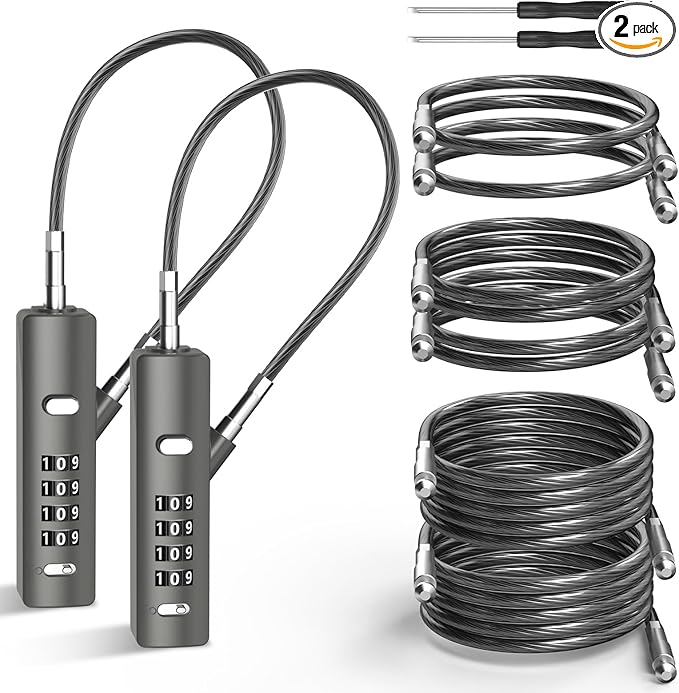4-Digit Combination Cable Lock with 3 Steel Cables (9"/24"/47") - Secure Reset Only with Current Code - for Bike, Luggage, Gate, Shed, Cabinet - Gun-Grey, 2 Pack