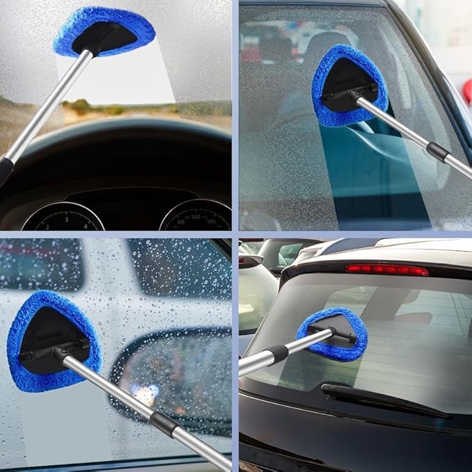 Car Windshield Cleaning Tool Set, Interior Exterior Auto Glass Cleaner Kit with Extendable Handle and 4 Reusable Microfiber Pads for Cars Trucks and Home (Orange)