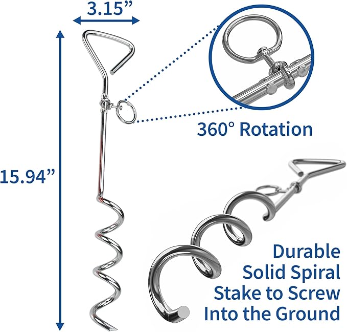 Chrome Dog Tie-Out Stake & 25 Foot Cable, Stainless Steel Heavy-Duty Outdoor Yard Camping Corkscrew Anchor stake Design with Tangle-Free 360 Swivel Hook for Dogs Play Boundary for Puppies & Adult Dogs