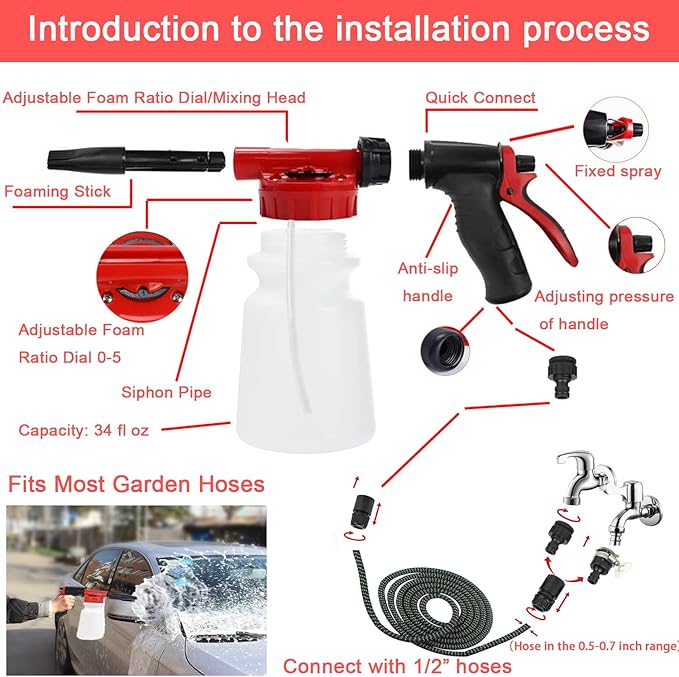Car Wash Kit Car Wash Cleaning Kit with Car Wash Foam Gun Microfiber Sponge and Towels Tire Brush Built, Car Foam Gun, Car Cleaning Tool