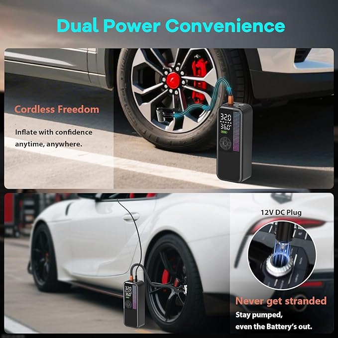 Tire Inflator Portable Air Compressor, 150 PSI Cordless Air Pump, Dual Power 6000mAh, 12V DC Car Plug, Fast Inflation 24L/Min, Auto Shut-Off, LED Light, 4 Preset Modes for Car, Bike, Motorcycle, Balls