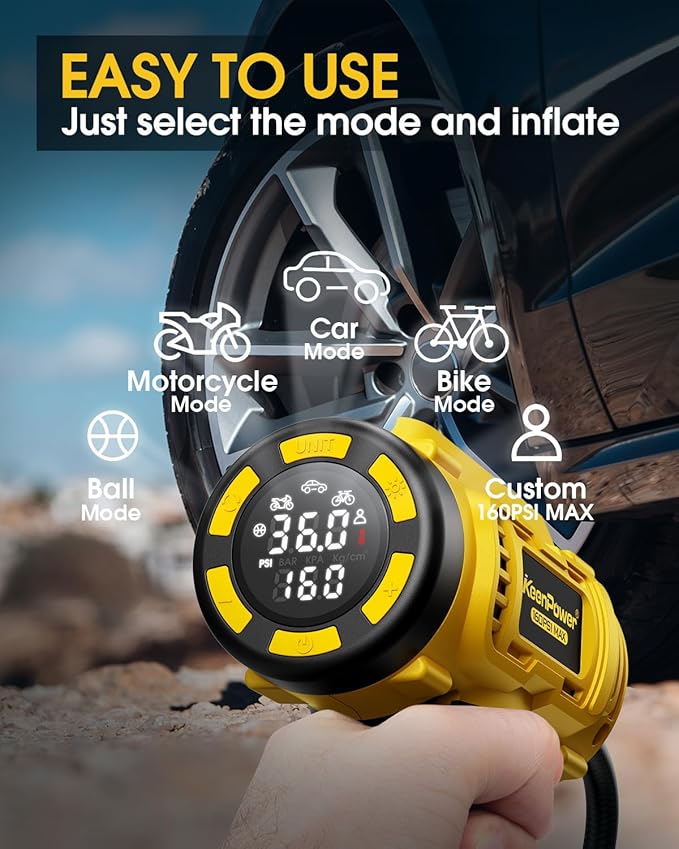 KeenPower Cordless Tire Inflator Portable Air Compressor, 160PSI Car Tire Air Pump, 21V Rechargeable Battery Powered Air Compressor, Dual Power, Larger HD Digital Gauge w/4+N Smart Modes (Yellow)