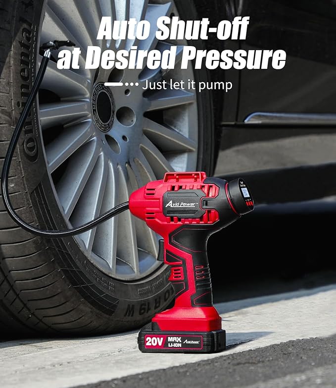 AVID POWER Tire Inflator Portable Air Compressor,20V Cordless Tire Pump, Rechargeable Air Pump for Car Tires and other Inflatables (Red)