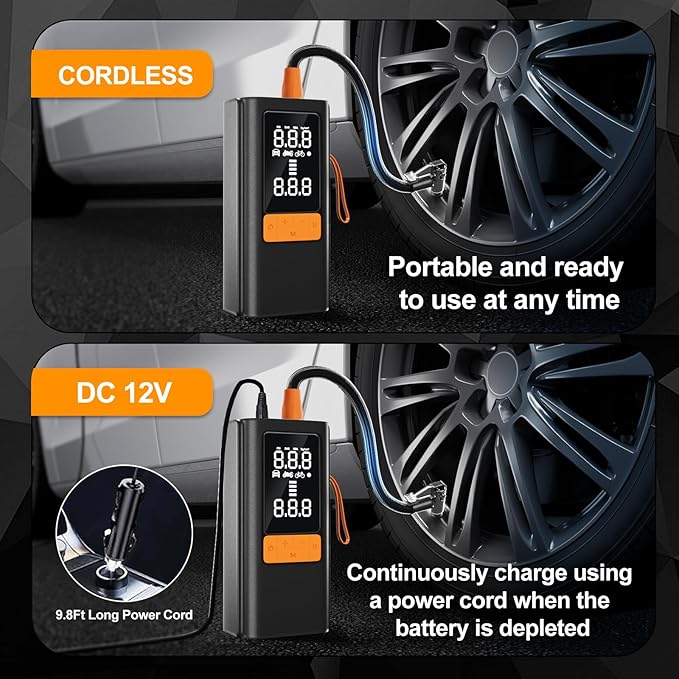 Tire Inflator Portable Air Compressor, 150 PSI Air Pump for Car Tires, Bike Tire Pump with Digital Pressure Gauge, LED Light & Auto Shut-Off – Portable Tire Inflator for Car, Motorcycle, Bike, Balls
