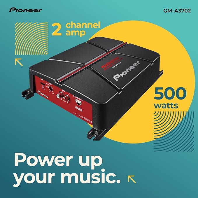 Pioneer GM-A3702 2-Channel Car Amplifier – 500W Max, Class AB, Bridgeable Design, Automatic Signal Sensing and Turn-on, Built-in high-/Low-Pass Filter
