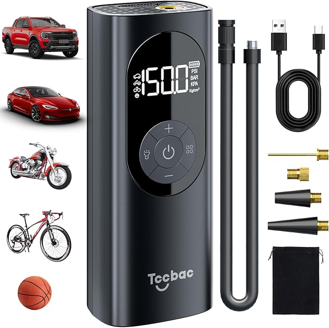 Tire Inflator Portable Air Compressor for Car,Large motor 2x Fast,Tccbac Bike Pumps with 150 PSI High Pressure Gauge and LED Light,Tire Pump Auto Shut-Off Electric Air Pump for Car Ball Motorcycle